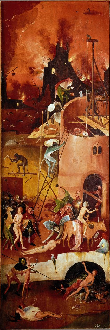 The hay triptych: infernal constructions (right interior panel) by Hieronymus Bosch