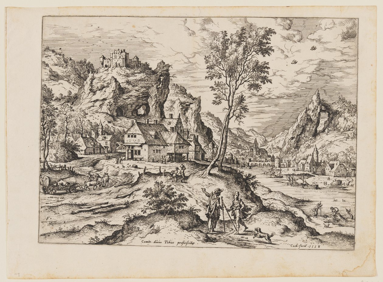 Tobias with the Angel and Dog, from Landscapes with Biblical and Mythological Scenes by Hieronymus Cock