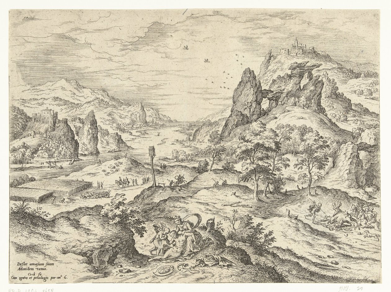 Venus Mourns the Death of Adonis, Landscapes with Biblical and Mythological Scenes (series title) by Hieronymus Cock