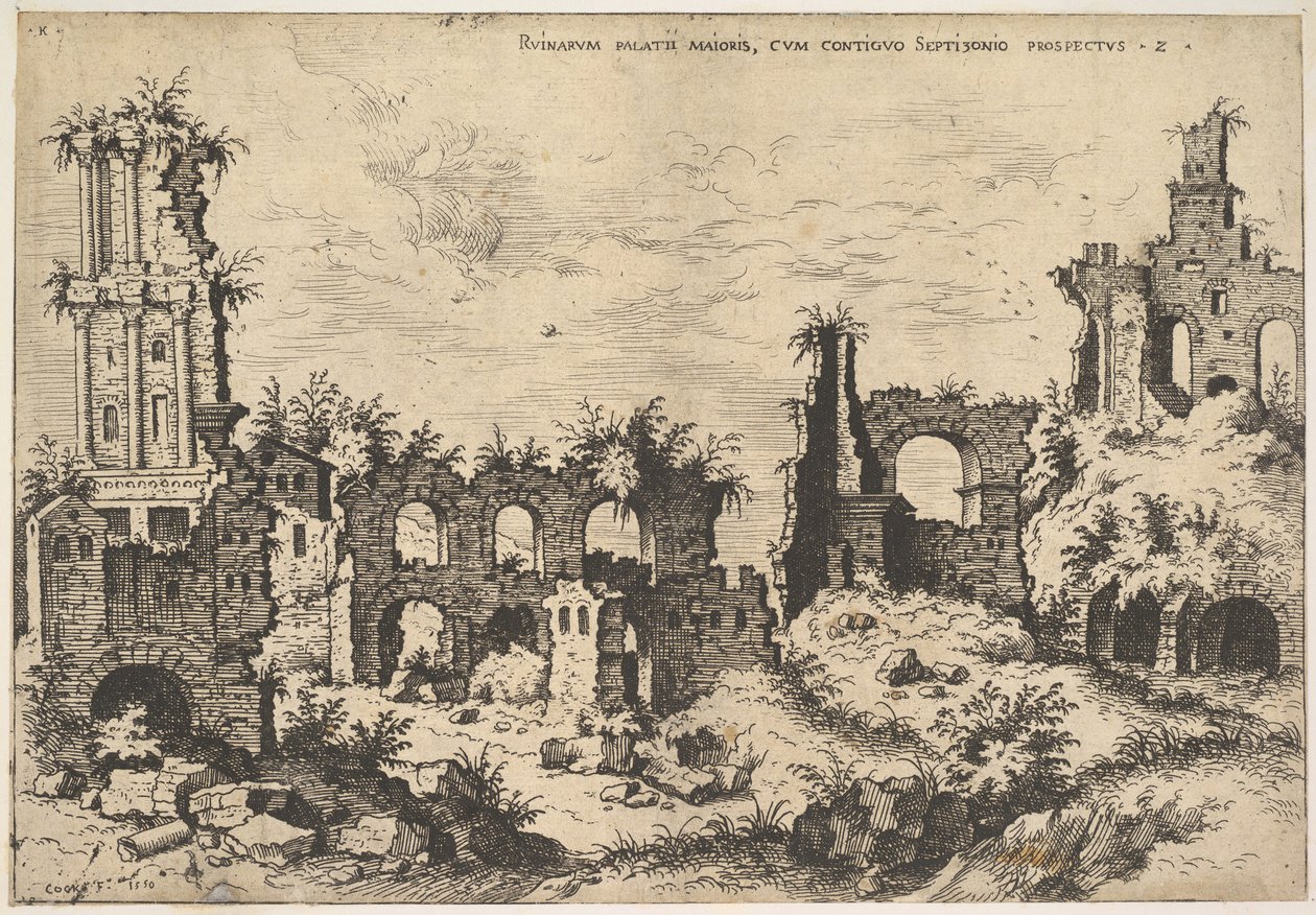 View of ruins on the Palatine Hill with trabeated facade at left and arcades at center by Hieronymus Cock