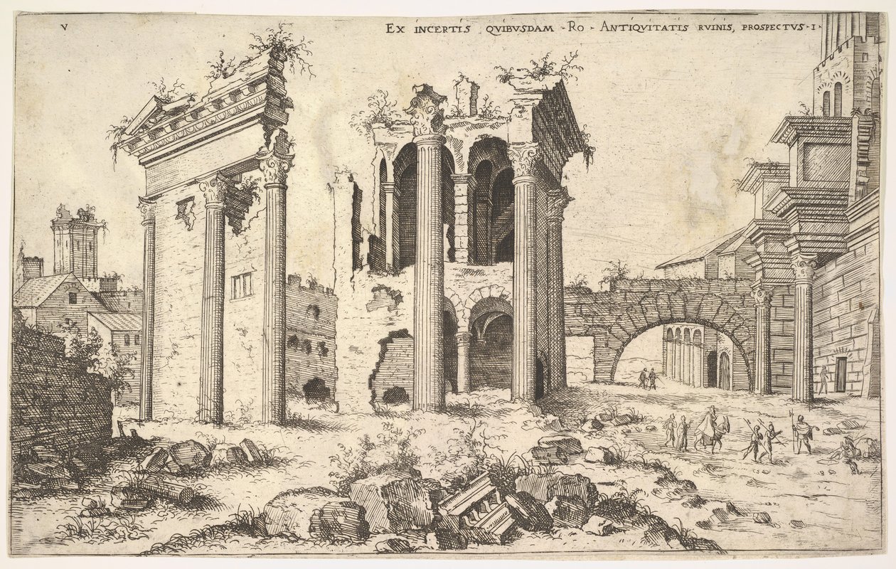 View of unidentified ruins with trabeated facade at left, arcades at center, and arch at right by Hieronymus Cock