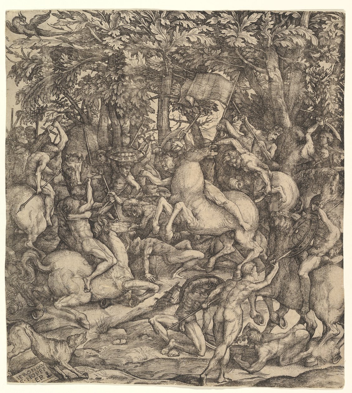 Battle between cavalry and infantry in a wood by Hieronymus Hopfer