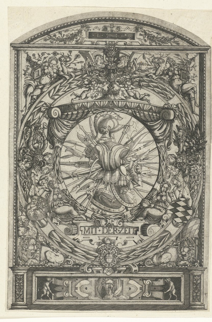 Medallion with Weapon Trophy in Ornamental Frame by Hieronymus Wechinger