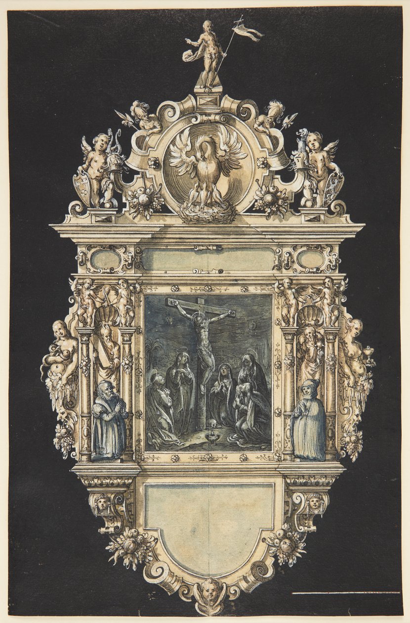 Draft for an Epitaph with the Crucifixion of Christ. A Richly Ornamented Frame with Numerous Figures by Hieronymus Wierix