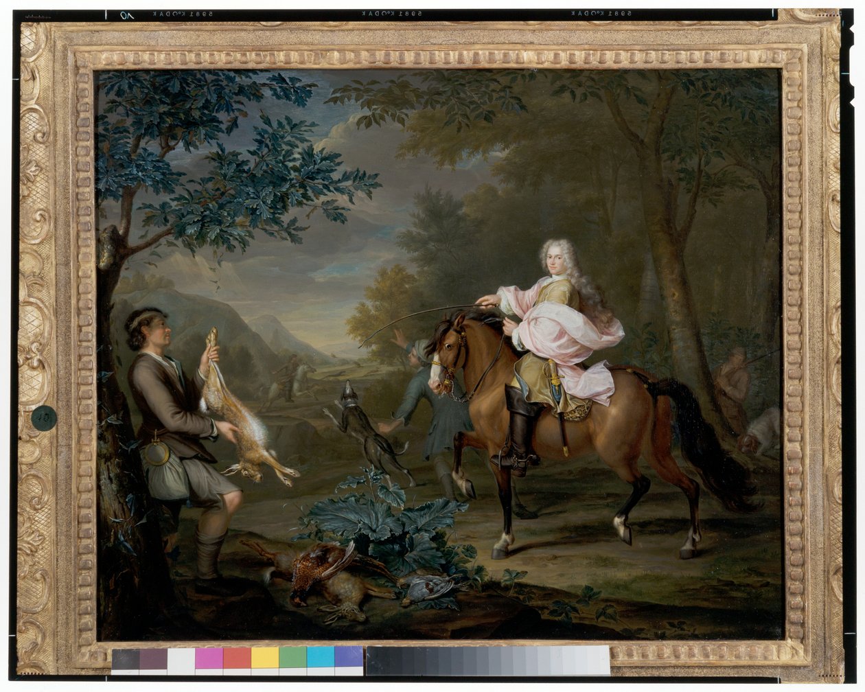 A Gentleman on Horseback with Huntsmen in an Extensive Landscape by Hieronymus van der Mij