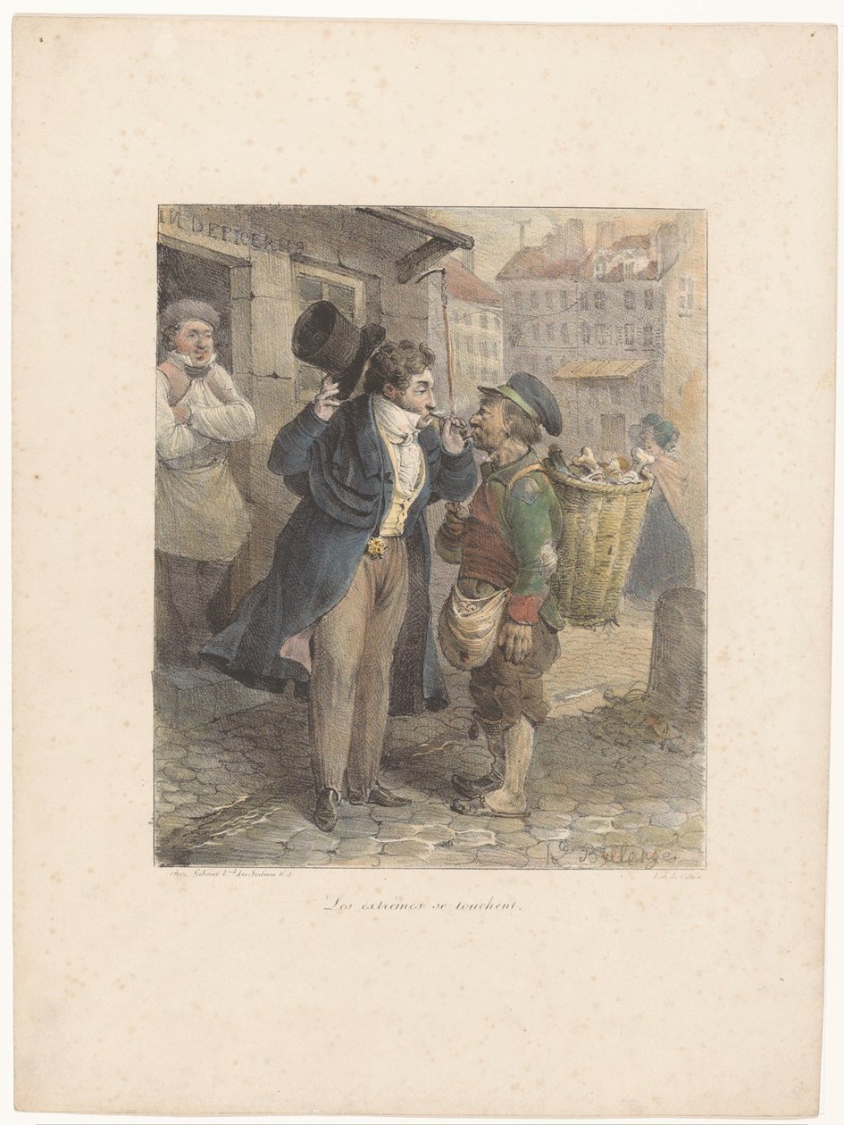 Well-Dressed Gentleman Lighting His Cigar from a Worker in Rags (series title: Lithographic Sketches) by Hippolyte Bellange