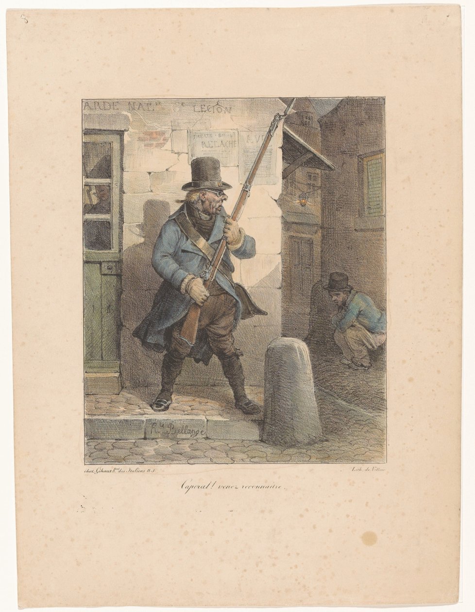 Soldier Calling Corporal, Who is Relieving Himself on the Street (series title: Lithographic Sketches) by Hippolyte Bellange