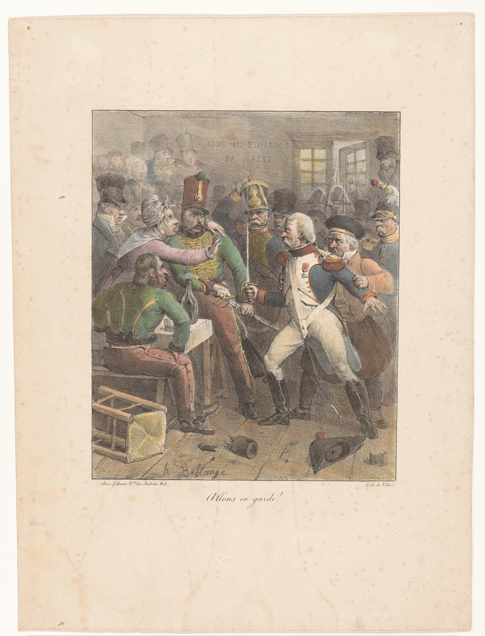 Two Soldiers Crossing Swords in a Tavern (series title: Lithographic Sketches) by Hippolyte Bellange