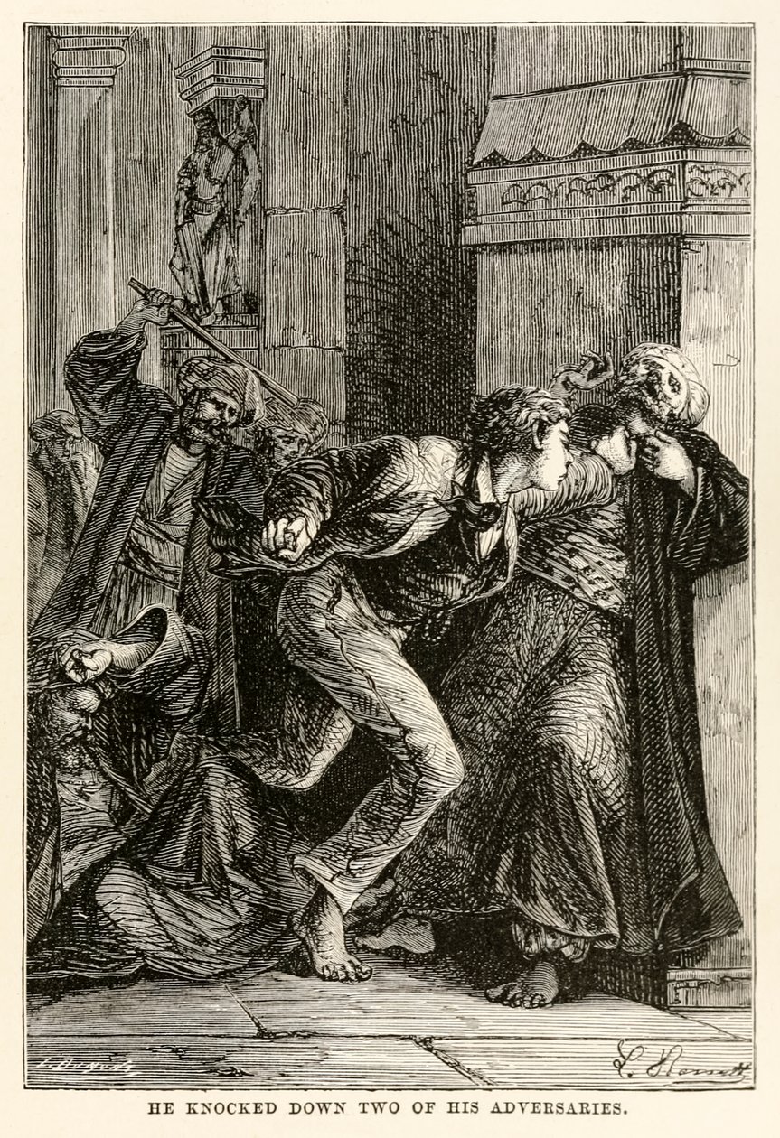 He knocked down two of his adversaries, from Around the World in Eighty Days by Jules Verne by Hippolyte Leon Benett