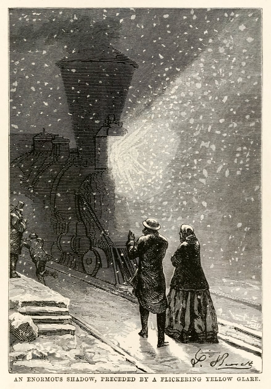 An enormous shadow, preceded by a flickering yellow glare, from Around the World in Eighty Days by Jules Verne, engraved by Adolphe François Pannemaker, 1873 by Hippolyte Leon after Benett