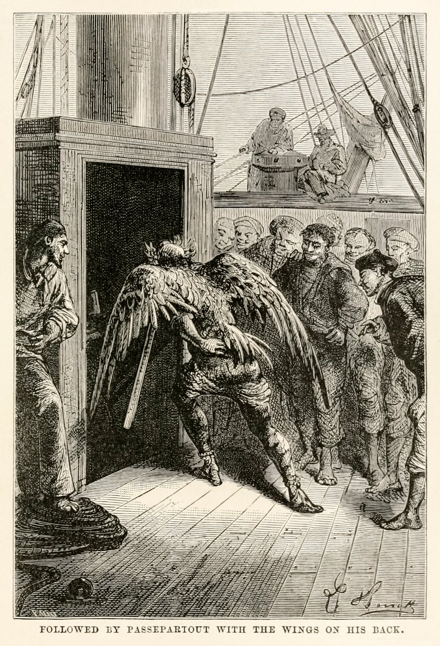 Followed by Passepartout with the wings on his back, from Around the World in Eighty Days by Jules Verne, engraved by Adolphe François Pannemaker, 1873 by Hippolyte Leon after Benett