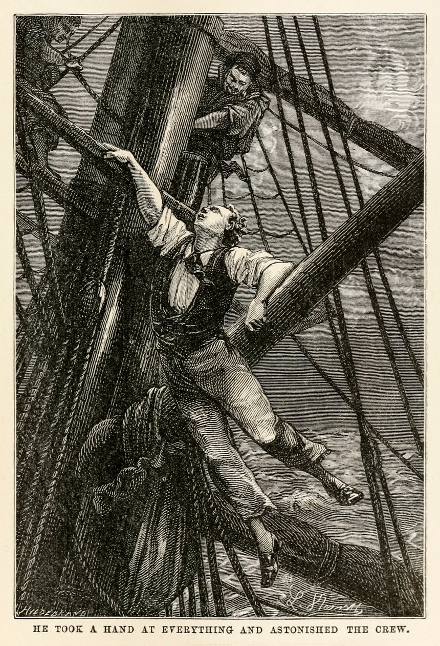 He took a hand at everything and astonished the crew, from Around the World in Eighty Days by Jules Verne by Hippolyte Leon after Benett