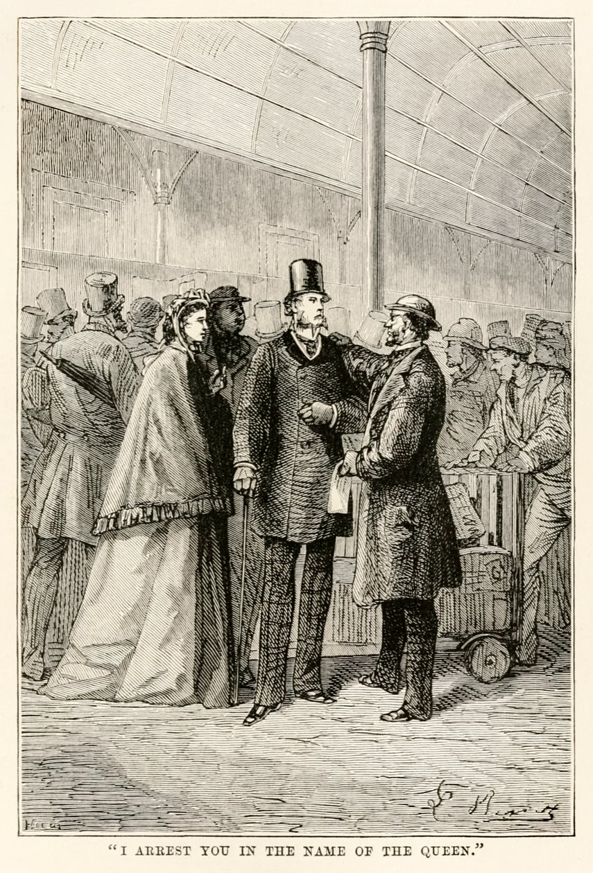 I arrest you in the name of the Queen, from Around the World in Eighty Days by Jules Verne, 1873 by Hippolyte Leon after Benett