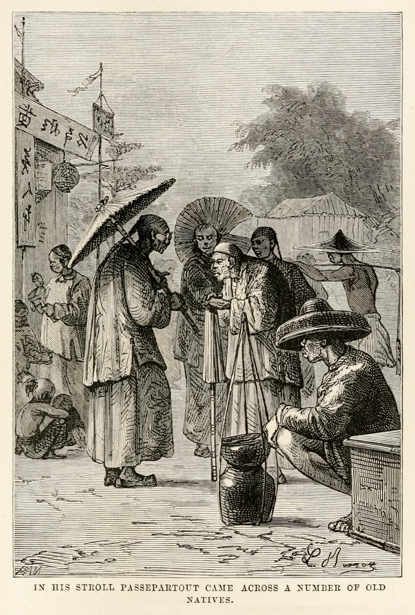 In his stroll Passepartout came across a number of old natives, from Around the World in Eighty Days by Jules Verne by Hippolyte Leon after Benett