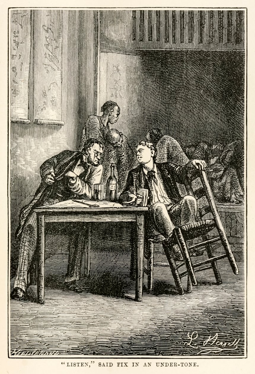 Listen, said Fix in an under-tone, from Around the World in Eighty Days by Jules Verne by Hippolyte Leon after Benett