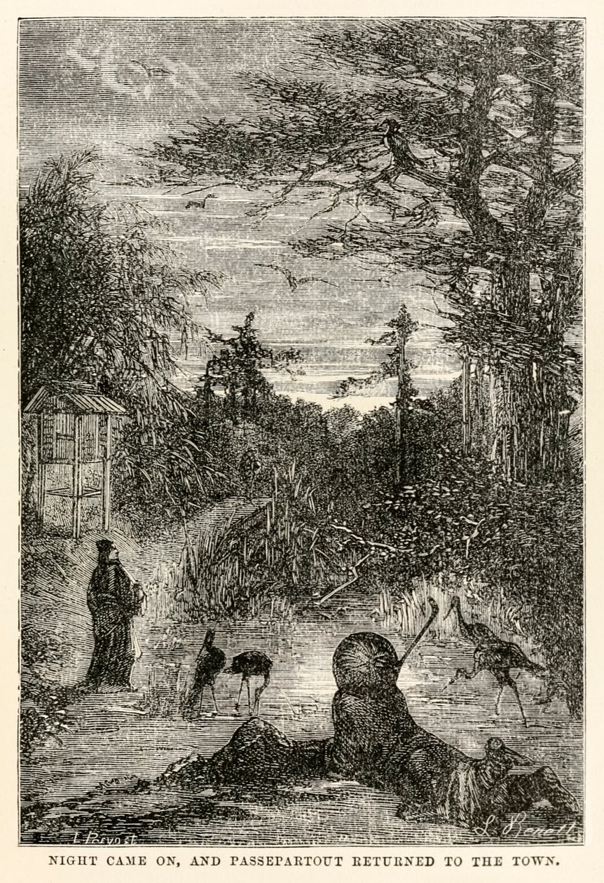 Night came on, and Passepartout returned to the town, from Around the World in Eighty Days by Jules Verne, engraved by Louis Prevost, 1873 by Hippolyte Leon after Benett