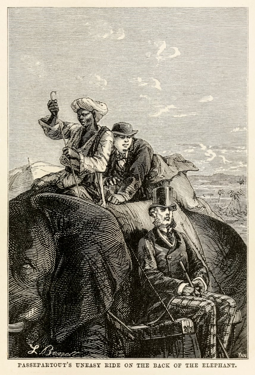 Passepartouts uneasy ride on the back of the elephant, from Around the World in Eighty Days by Jules Verne by Hippolyte Leon after Benett