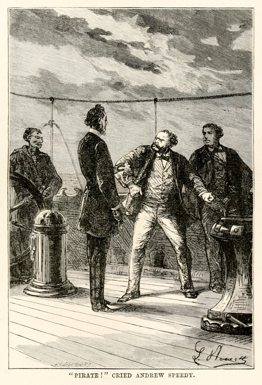 Pirate! cried Andrew Speedy, from Around the World in Eighty Days by Jules Verne, engraved by Louis Dumont, 1873 by Hippolyte Leon after Benett