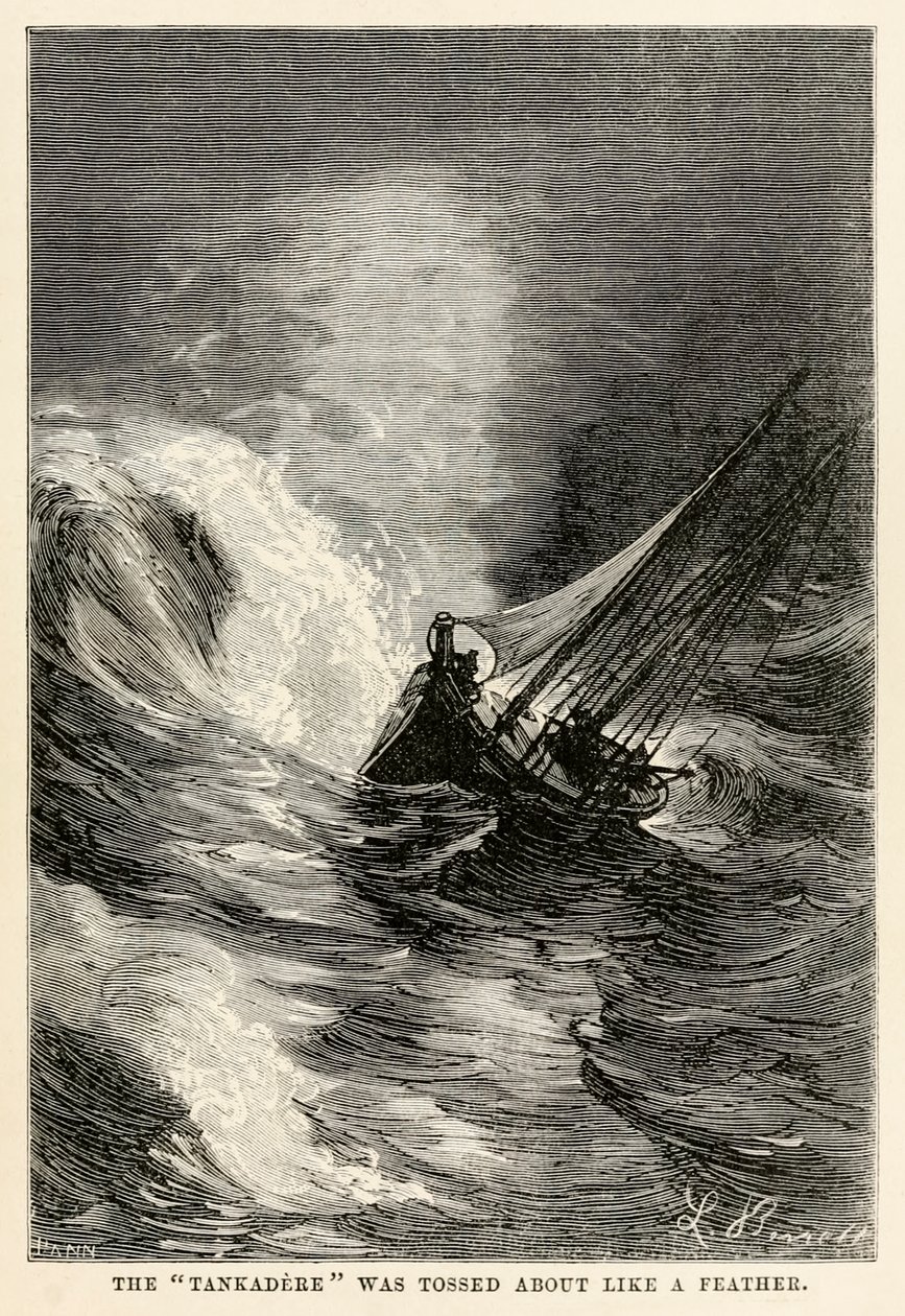 The Tankadere was tossed about like a feather, from Around the World in Eighty Days by Jules Verne, engraved by Adolphe François Pannemaker, 1873 by Hippolyte Leon after Benett
