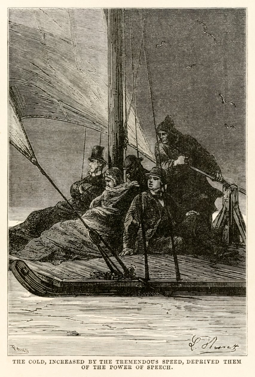 The cold, increased by the tremendous speed, deprived them of the power of speech, from Around the World in Eighty Days by Jules Verne, engraved by Adolphe François Pannemaker by Hippolyte Leon after Benett