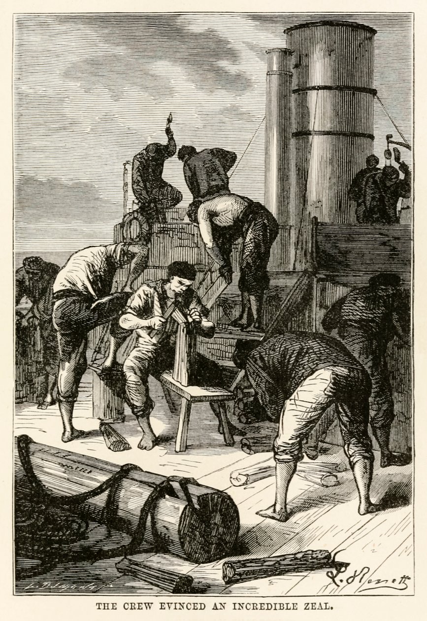 The crew evinced an incredible zeal, from Around the World in Eighty Days by Jules Verne, engraved by Louis Dumont, 1873 by Hippolyte Leon after Benett