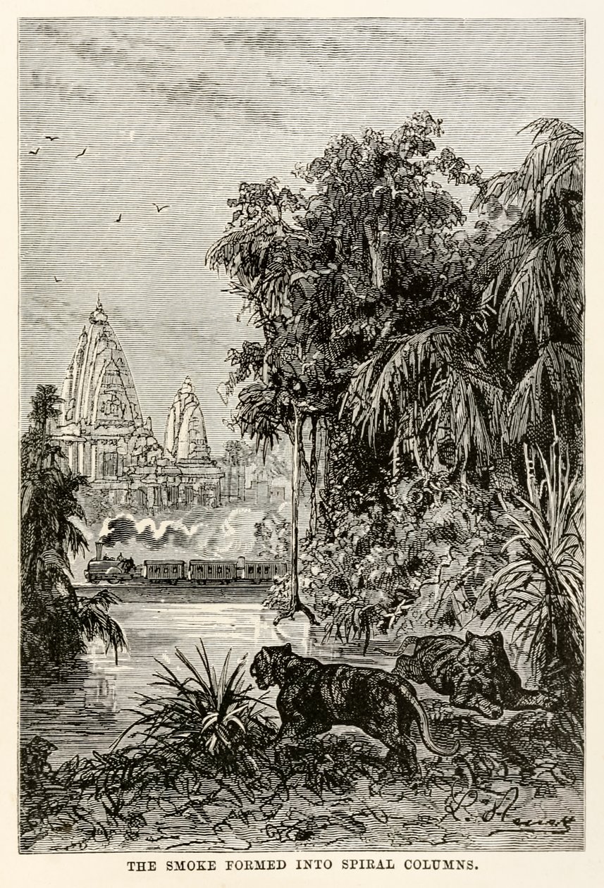 The smoke formed into spiral columns, from Around the World in Eighty Days by Jules Verne by Hippolyte Leon after Benett