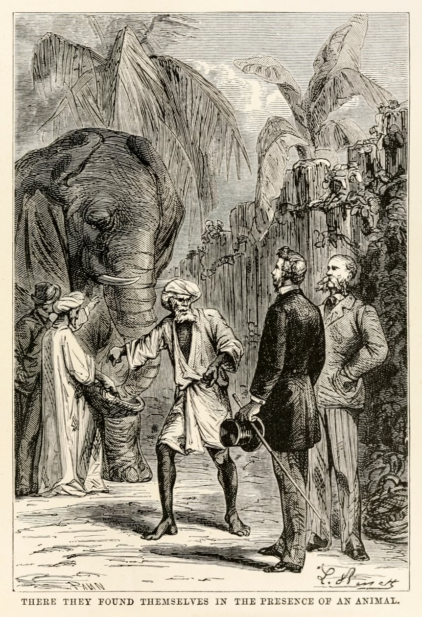 There they found themselves in the presence of an animal, from Around the World in Eighty Days by Jules Verne by Hippolyte Leon after Benett