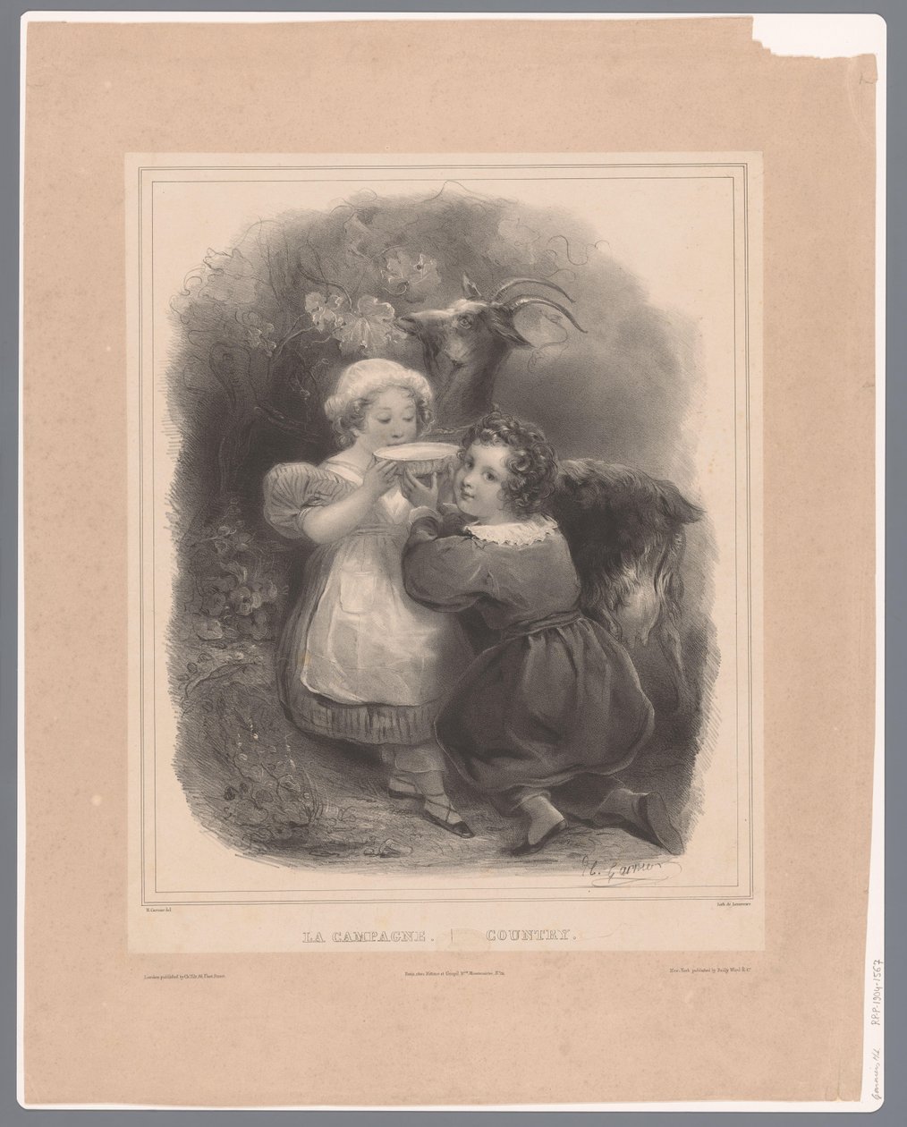 Two Children with a Goat Drinking Goat Milk by Hippolyte Louis Garnier