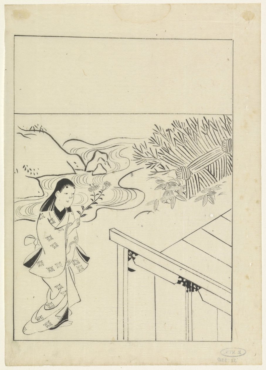 Landscape with a Woman Holding a Branch of Flowers by Hishikawa Moronobu