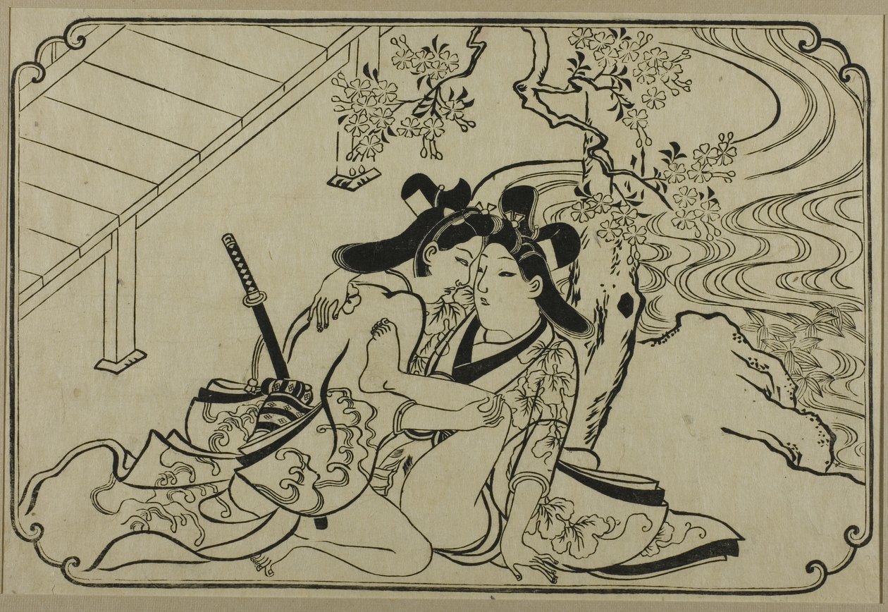 Lovers in the Garden, from an Untitled Series of Erotic Prints by Hishikawa Moronobu