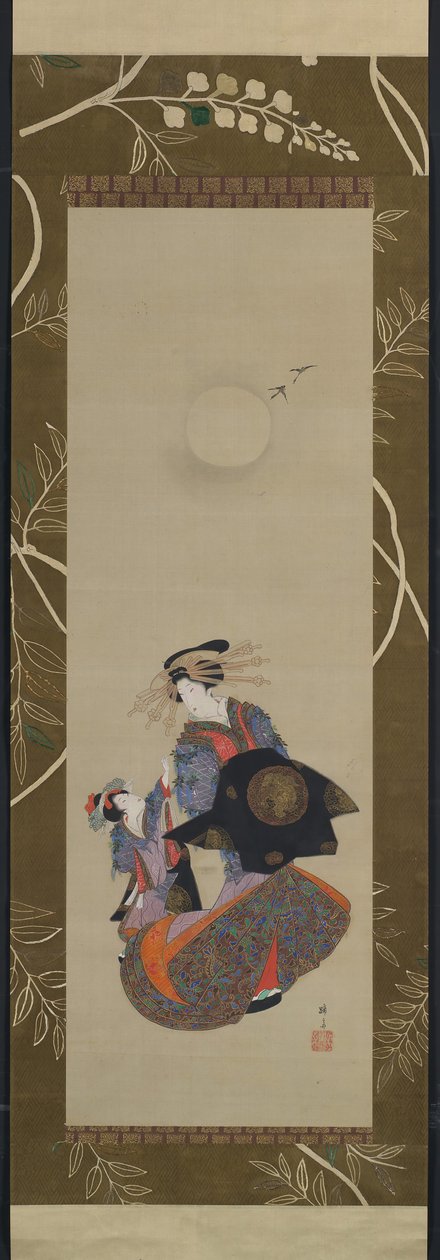 Beauty of the Yoshiwara with Apprentice in Moonlight, 19th century by Hokuba