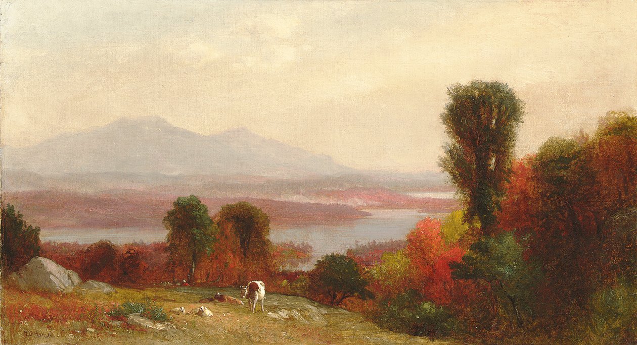Cows and Sheep Grazing in an Autumn River Landscape by Homer Dodge Martin