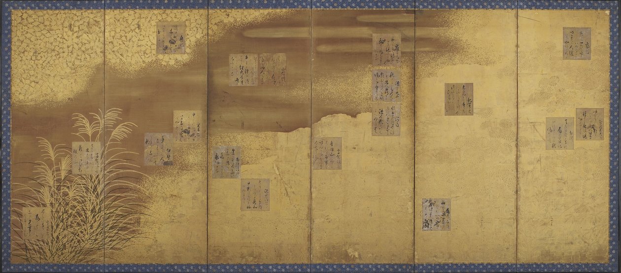 Flowers, Grasses, a Bamboo Blind and 18 Decorated and Inscribed Poem Papers, Edo Period by Hon