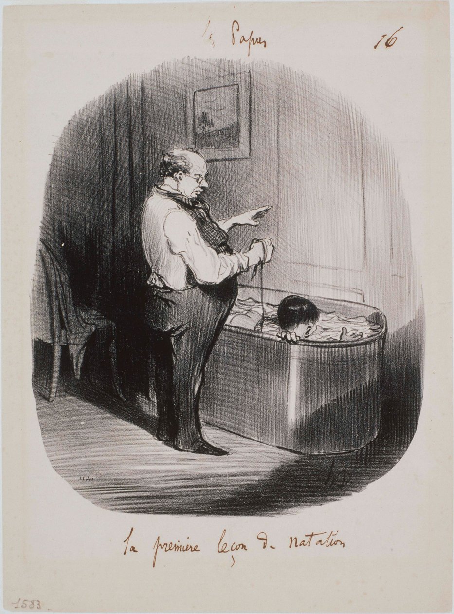 The Fathers - The First Swimming Lesson by Honoré Daumier