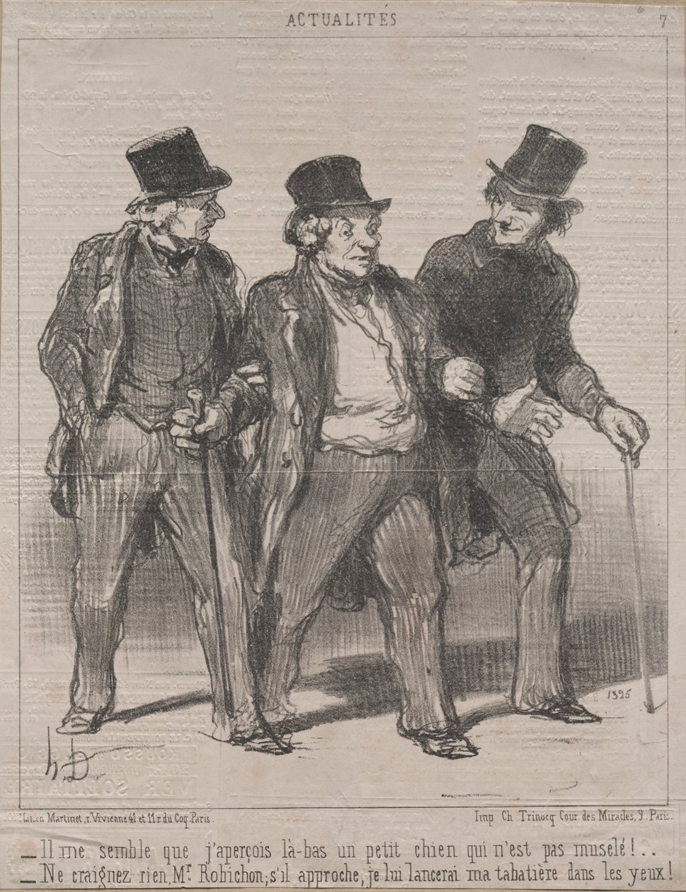 Actualities (No. 7): It seems to me that I notice a little dog there that is not muzzled!...Think nothing of it, Mr. Rohichon; if it approaches, I will throw my snuffbox in its eyes! by Honoré Daumier
