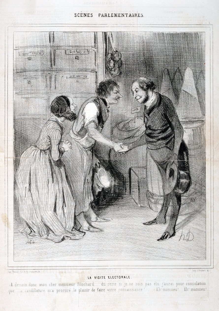 Artwork by Honore Daumier Charivari dates from 1843: Serie SCENES PARLIAMENTARY. The election visit by Honoré Daumier
