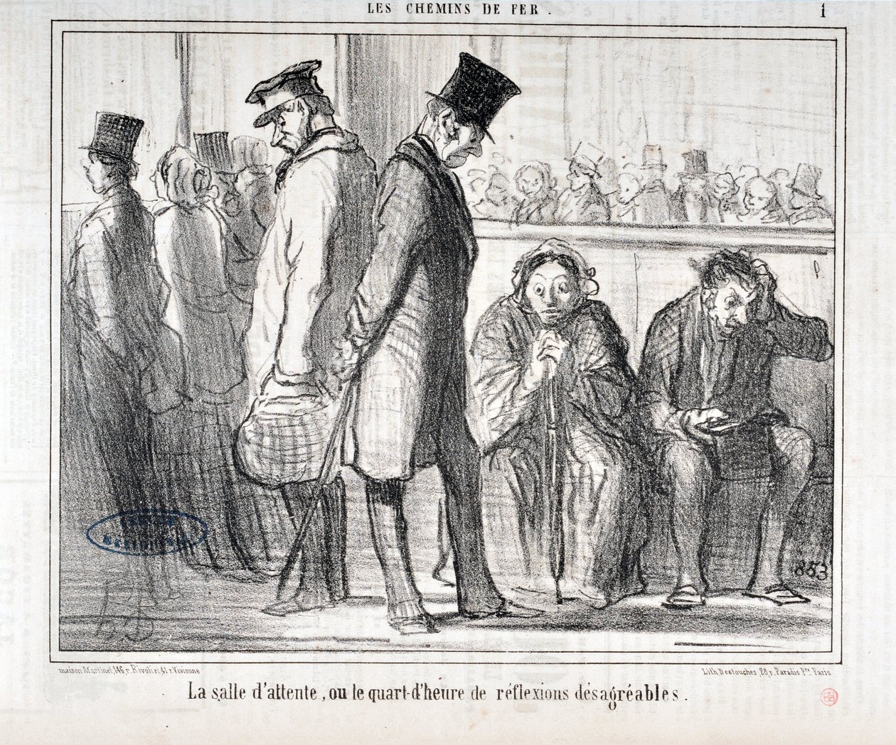 Artwork by Honore Daumier (1808-1879). Charivari dates from 1855: Serie LES Chemins de fer The waiting room or the quarter hour of disagreeable reflexions MUSEE DES BEAUX ARTS - PALAIS LONGCHAMP, MARSEILLE by Honoré Daumier