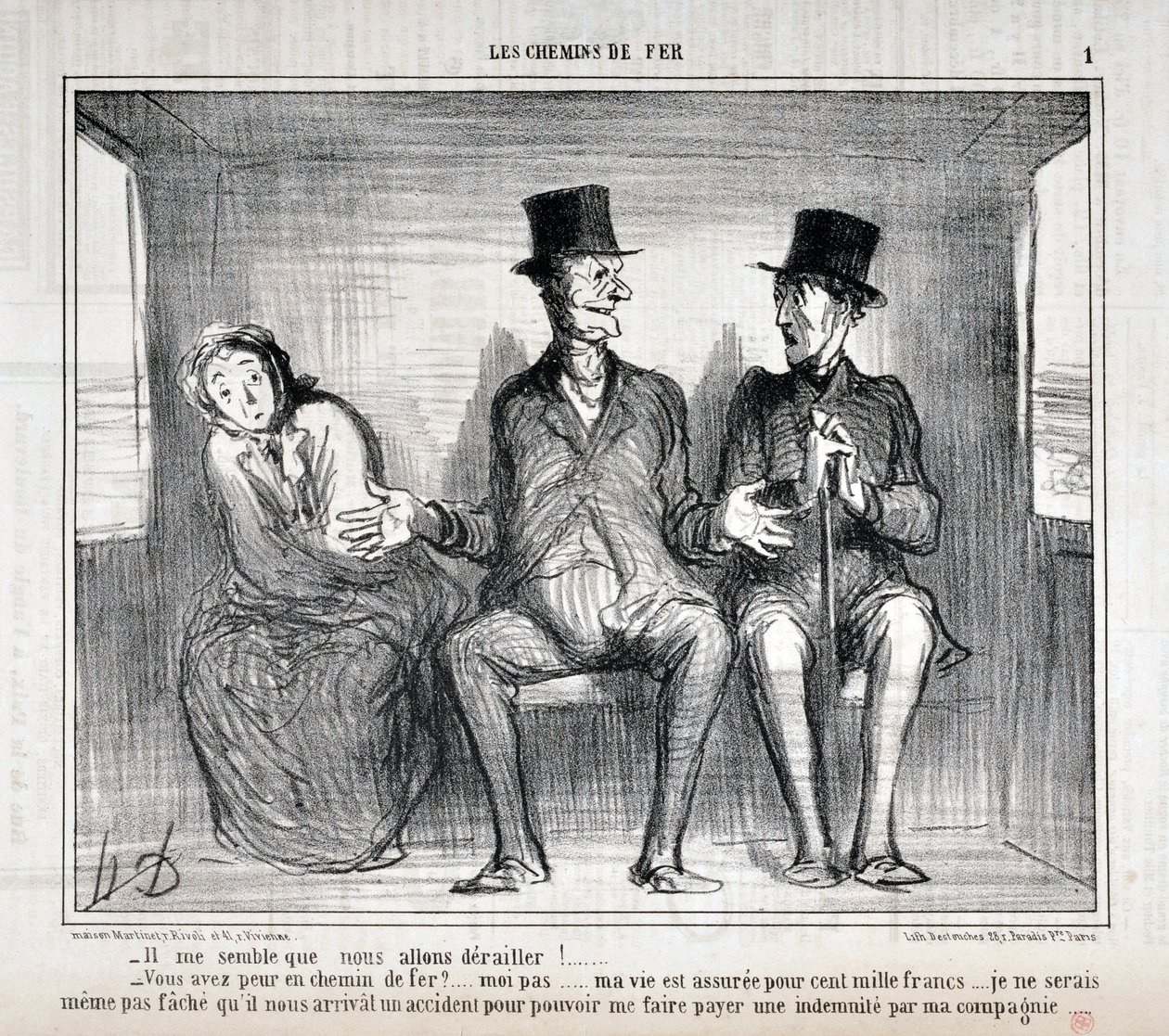 Charivari dates from 1857: Serie LES RAILWAYS It seems to me that we will derail!... Are you afraid on the railroad?... me not... my life is insured for one hundred thousand francs... I do not even want to worry th by Honoré Daumier