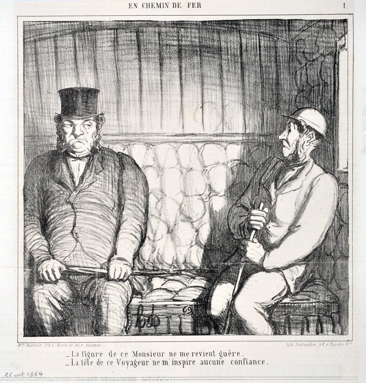 Artwork by Honore Daumier (1808-1879). Charivari dates from 1864: Serie LES CHAINS DE RAILWAY -The figure of this gentleman does not come back to me. - the head of this traveler inspires me no confidence MUSEE DES BEAUX ARTS - PALAIS LONGCHAMP, MARSEILLE by Honoré Daumier