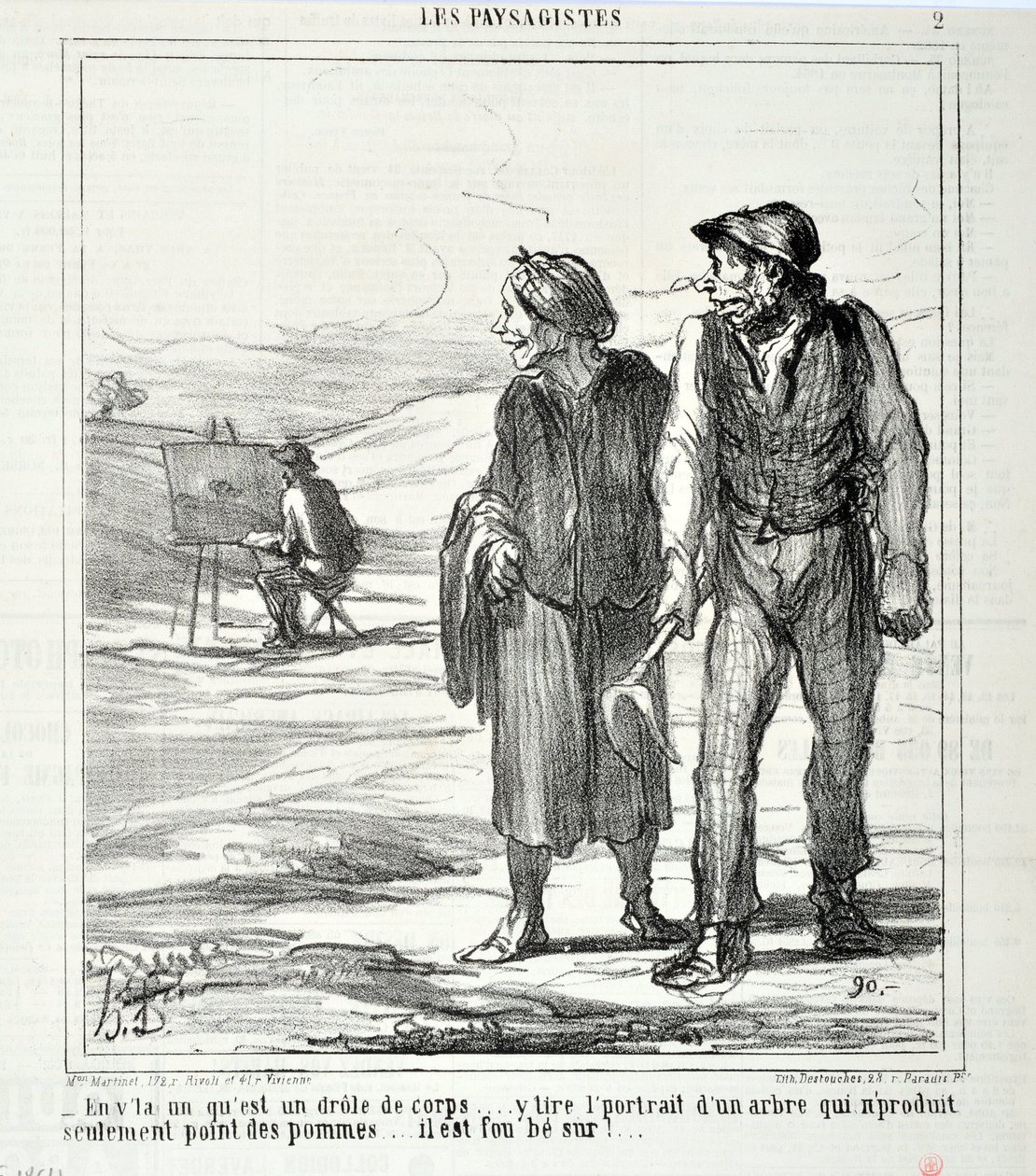 The Landscapists: “-In this one that is a funny body... draws a portrait of a tree that does not produce only apples... he is crazy about!” Engraving by Honore Daumier. Extract from the newspaper “Le Charivari” by Honoré Daumier