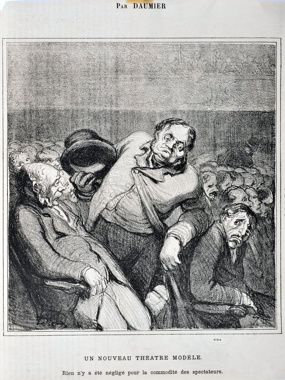 Artwork by Honore Daumier (1808-1879). Charivari dates from 1864: Serie Sketches Taken at the Theatre A new theatre model. Nothing has been neglected for the convenience of the spectators MUSEE DES BEAUX ARTS - PALAIS LONGCHAMP, MARSEILLE by Honoré Daumier