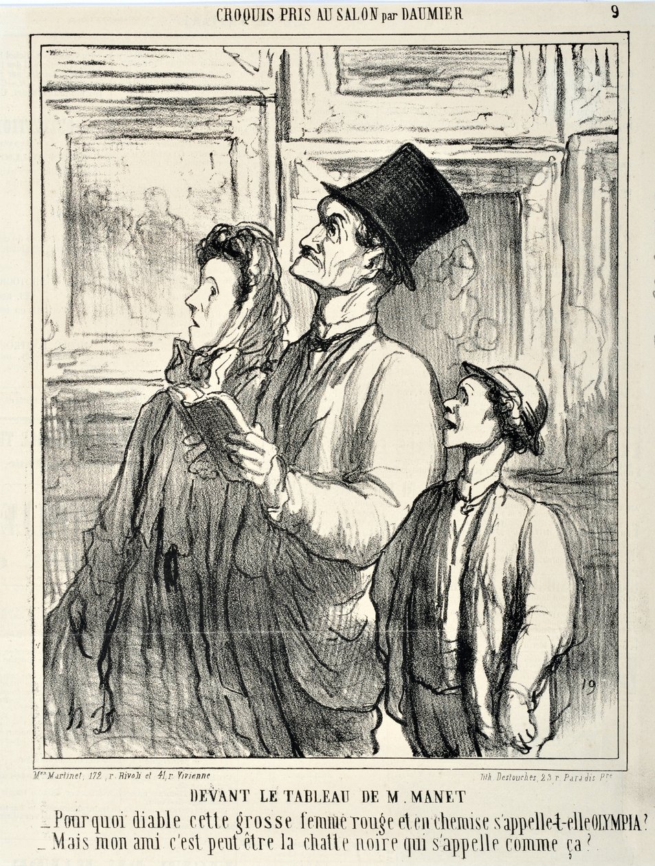 Sketches Taken at the Salon: In front of a painting by Manet “-Why the devil is this fat red woman in a shirt called Olympia? -But my friend, maybe the black cat is called that?” Engraving by Honore Daumier. Extract from the newspaper “Le Charivari” by Honoré Daumier