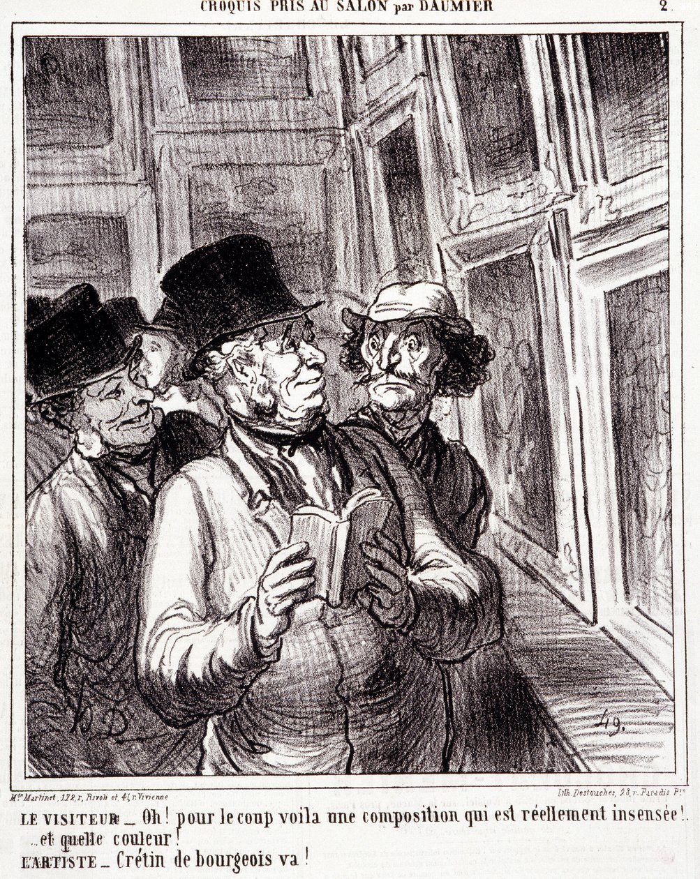 Cartoon about art lovers. Series “Sketch taken at the Salon by Daumier”: “Visitor: Oh! for the coup here is a really insane composition (...). Artist: Bourgeois cretin, go!” Engraving by Honore Daumier. Extract from the newspaper “Le Charivari” by Honoré Daumier