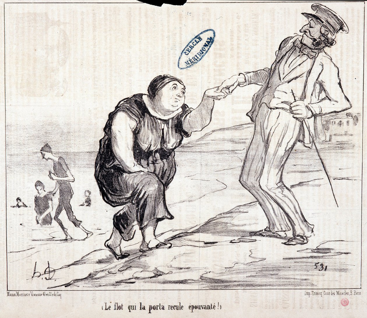 Cartoon about tourists on vacation. Series “At Sea Baths: “The flood that carried it back frightening!” Engraving by Honore Daumier. Extract from the newspaper “Le Charivari” by Honoré Daumier
