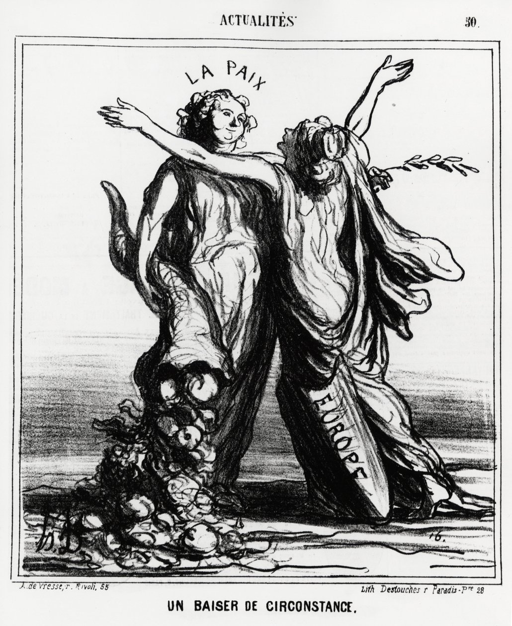 Europe and Peace: A Special Kiss. Illustration by Honore Daumier, Published in Charivari, Dated April 1 by Honoré Daumier