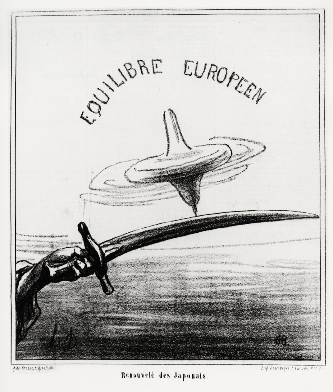 European Balance: Japanese Revival. Just After the Restoration of the Imperial Regime in Japan, Following the Resignation of the Tokugawa Shogunate in November 1867. Illustration by Honore Daumier, Published in the News, 