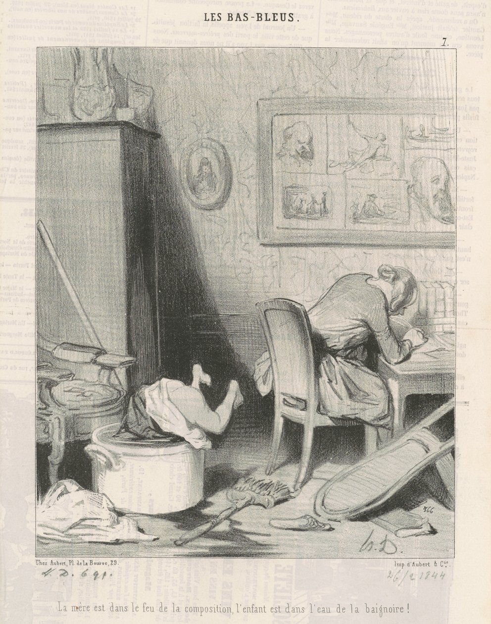The mother in the fire of composition, the child is in the water of the bathtub! by Honoré Daumier
