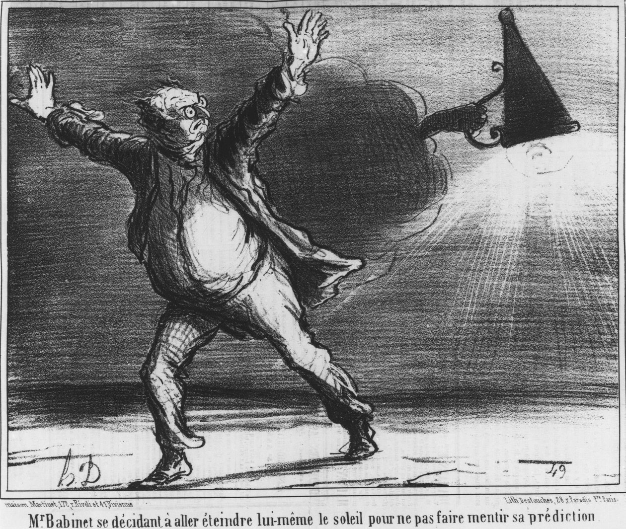 Monsieur Babient decided to go and turn off the sun himself so as not to make his prediction lie, caricature about the comet of 1857 by Honoré Daumier
