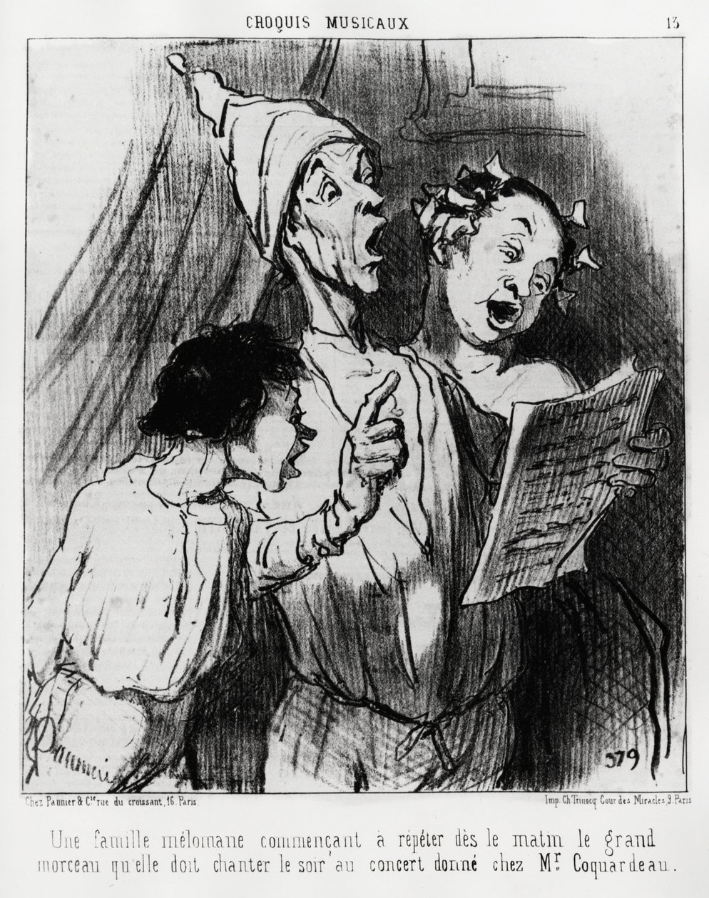 Musical Sketches: A Melomaniac Family Starting to Repeat in the Morning the Big Song They Had to Sing in the Evening at the Concert Given to Mr. Coquardeau. Illustration by Honore Daumier, Published in Charivari, Dated March 3 by Honoré Daumier