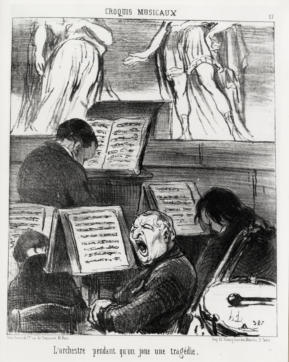 Musical sketches: the orchestra while playing a tragedy. Illustration by Honore Daumier, published in 